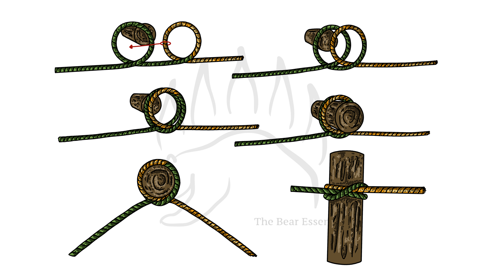 Step-by-step guide showing how to tie the Clove Hitch on a Bight knot.