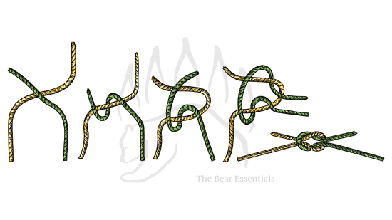 Step-by-step guide showing how to tie the square knot (reef knot) with ropes.