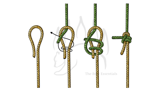 Step-by-step guide showing how to tie a Sheet Bend knot to join two ropes.