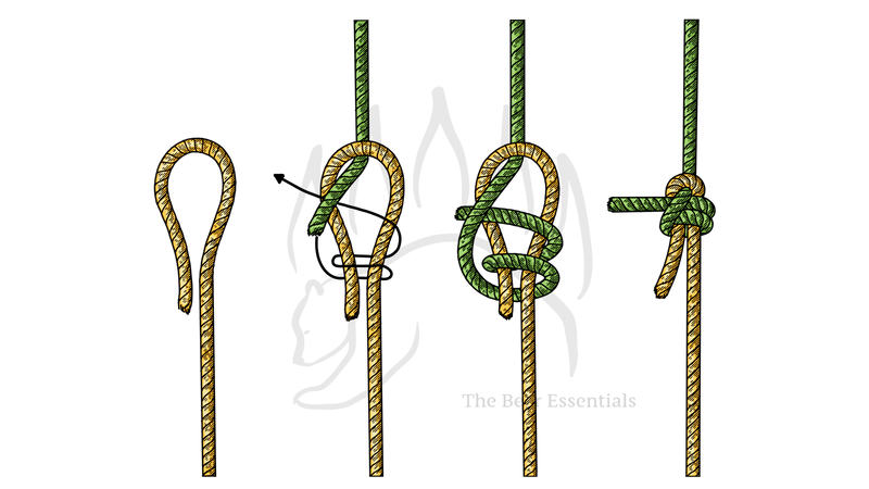 Step-by-step guide showing how to tie a Sheet Bend knot to join two ropes.
