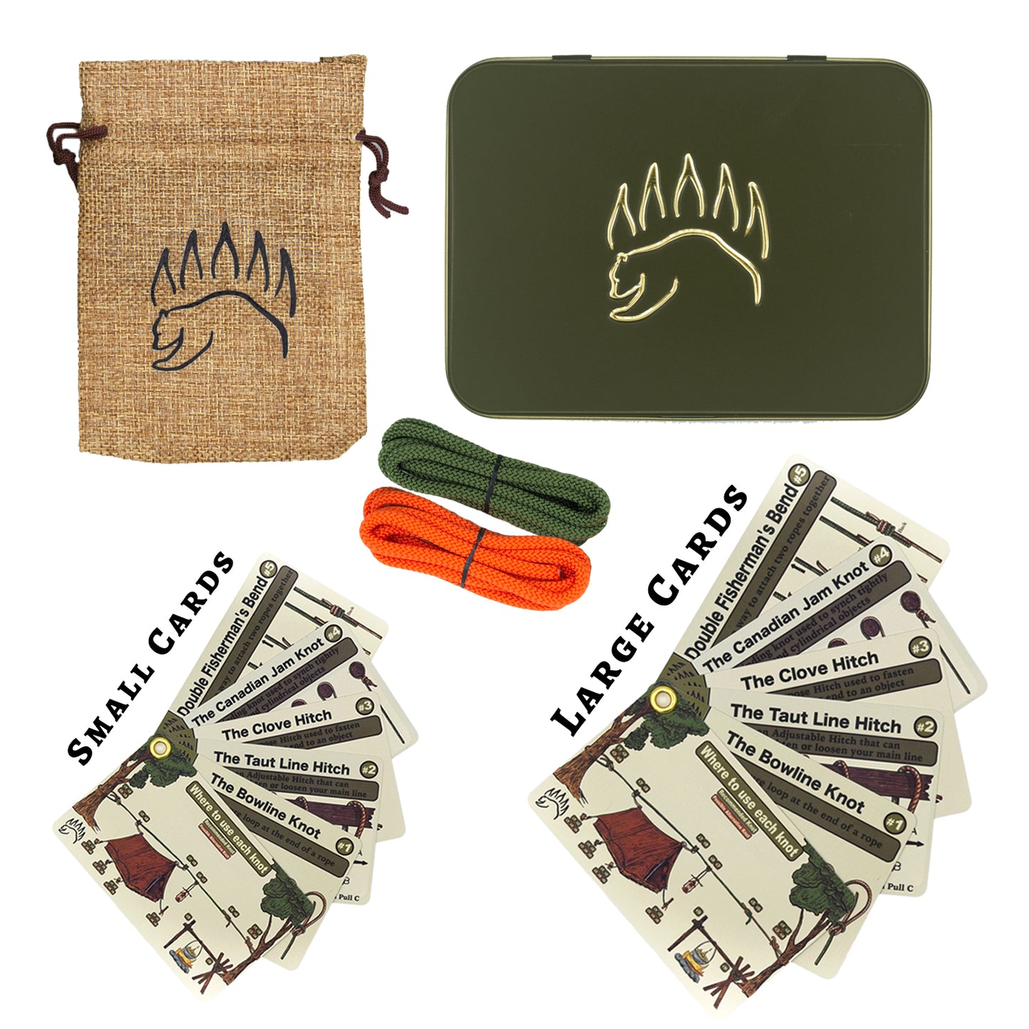 Full contents of The Bear Essentials Knot Tying Kit including tin, ropes, burlap pouch, and both large and small knot cards.