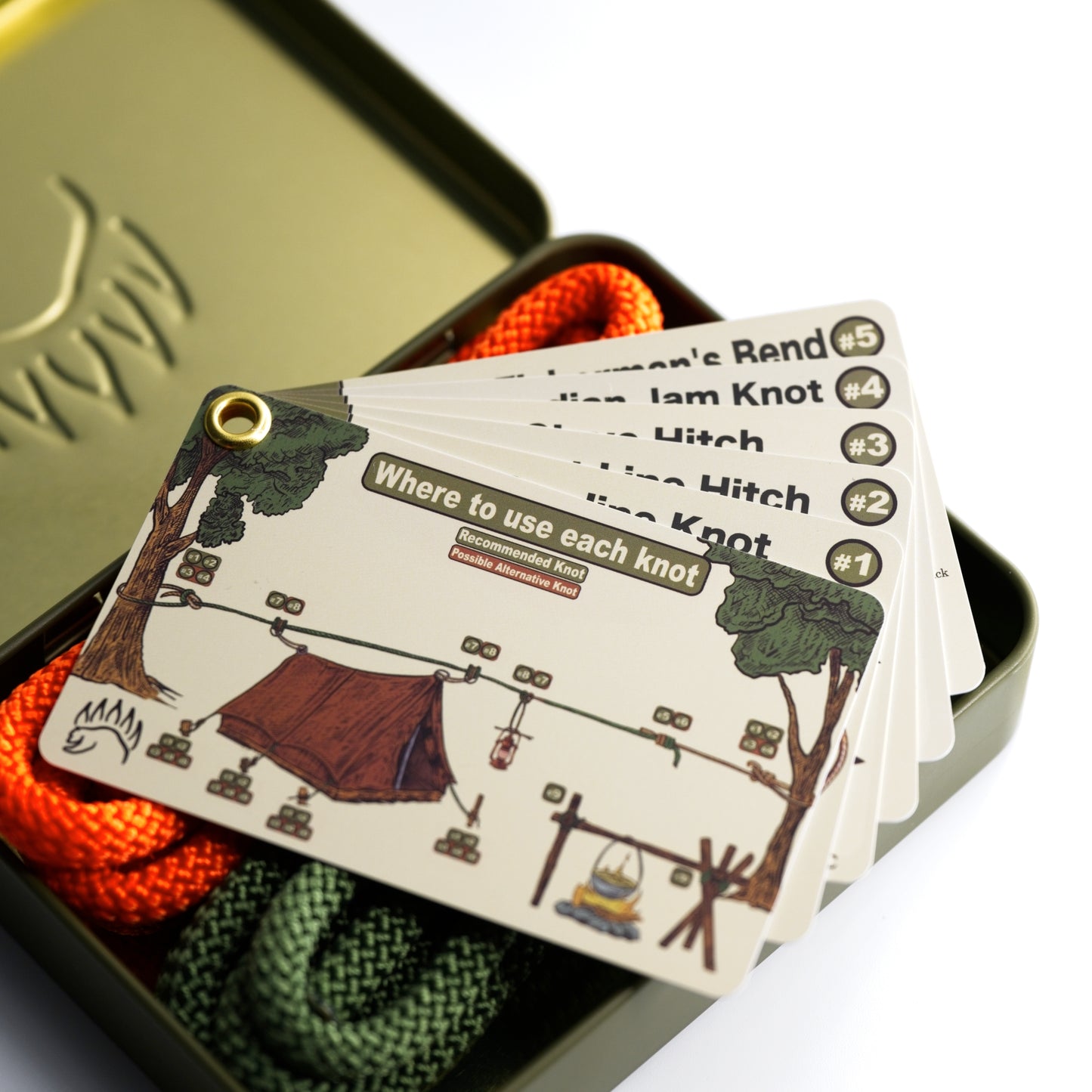 Knot Tying KIT - by The Bear Essentials - 10 Best Camping Knots Edition includes illustrated knot cards with usage tips and colorful practice ropes.