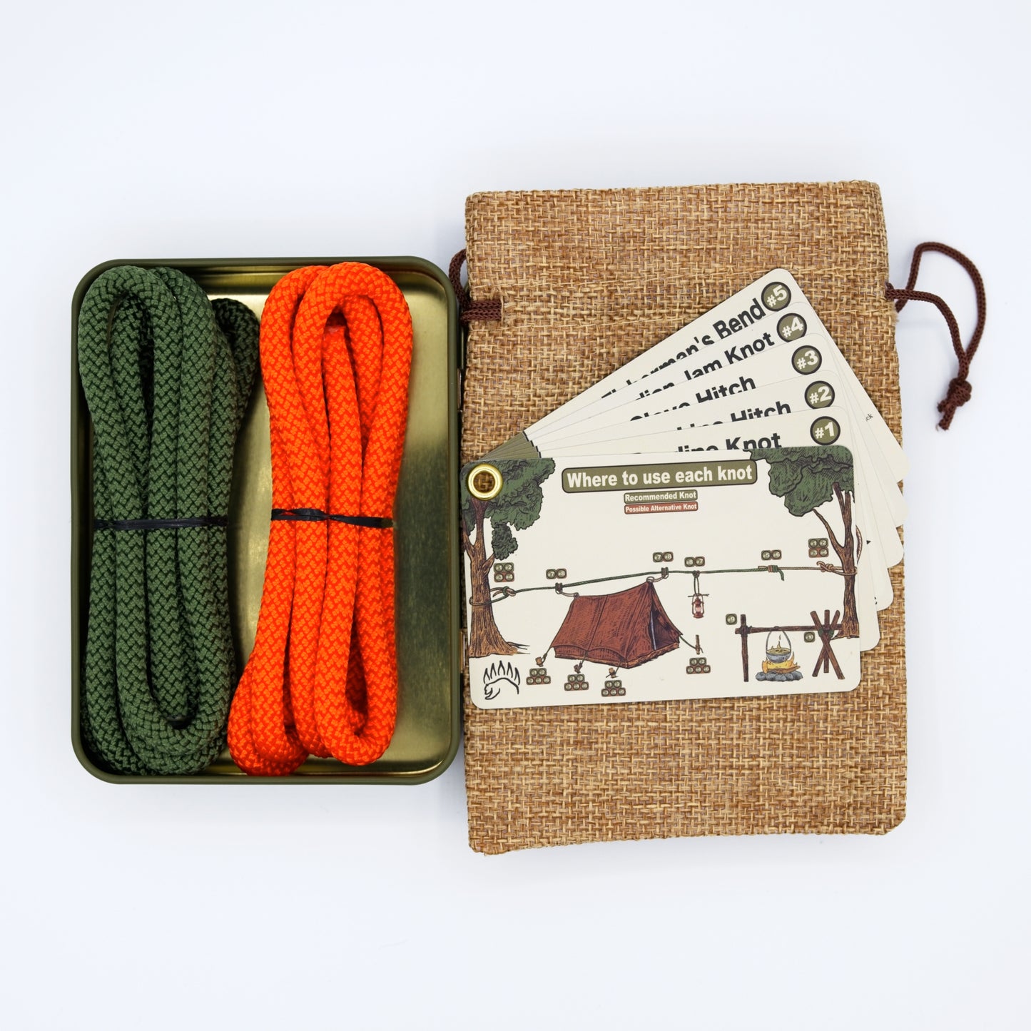 Complete Knot Tying KIT - by The Bear Essentials with tin, ropes, and illustrated cards in a burlap pouch for outdoor knot practice.