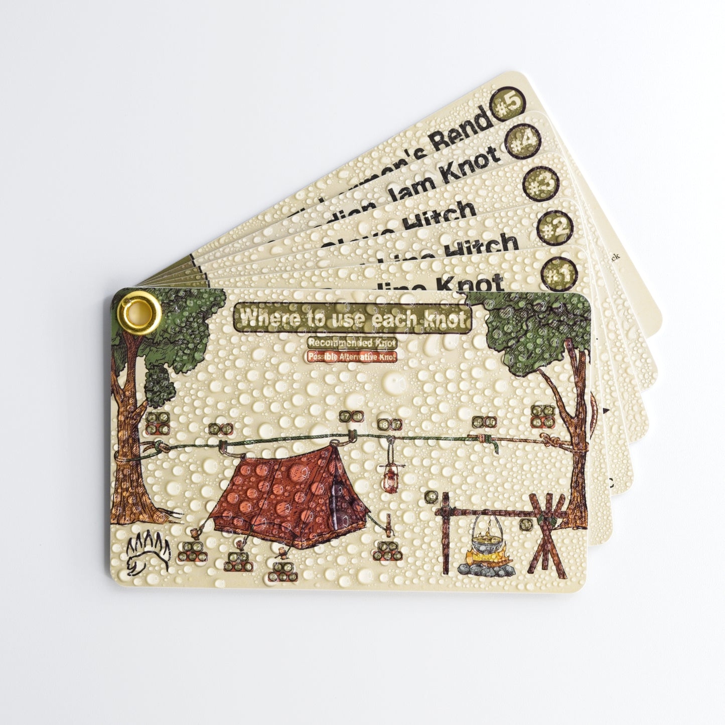 Close-up of The Bear Essentials Knot Tying Kit large waterproof cards featuring illustrated knot usage guides for outdoor camping and hiking.