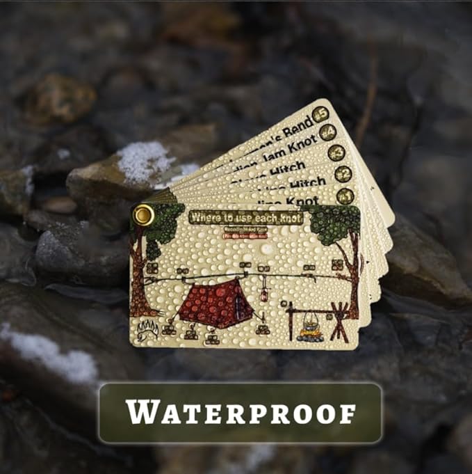 Waterproof feature of The Bear Essentials Knot Tying Kit cards shown with water droplets on illustrated knot guide cards for camping and hiking.