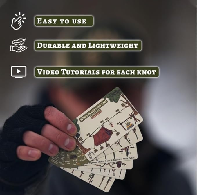 User holding The Bear Essentials Knot Tying Kit cards, highlighting ease of use, durability, and access to video tutorials for each knot.