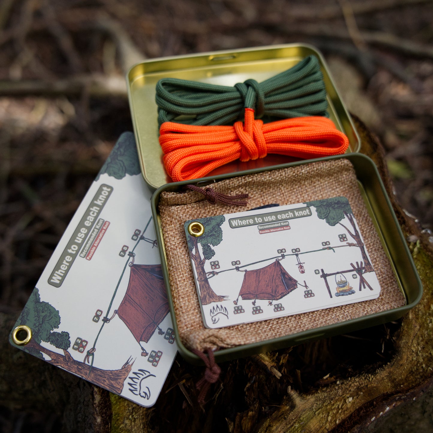 The Bear Essentials Knot Tying Kit displayed on a tree stump with tin, ropes, and knot cards, perfect for outdoor knot practice.