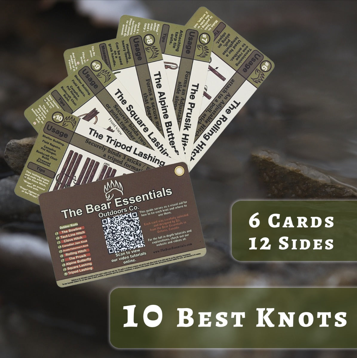 Back view of The Bear Essentials Knot Tying Kit cards displaying 10 essential knots across 6 double-sided waterproof cards with QR code for tutorials.