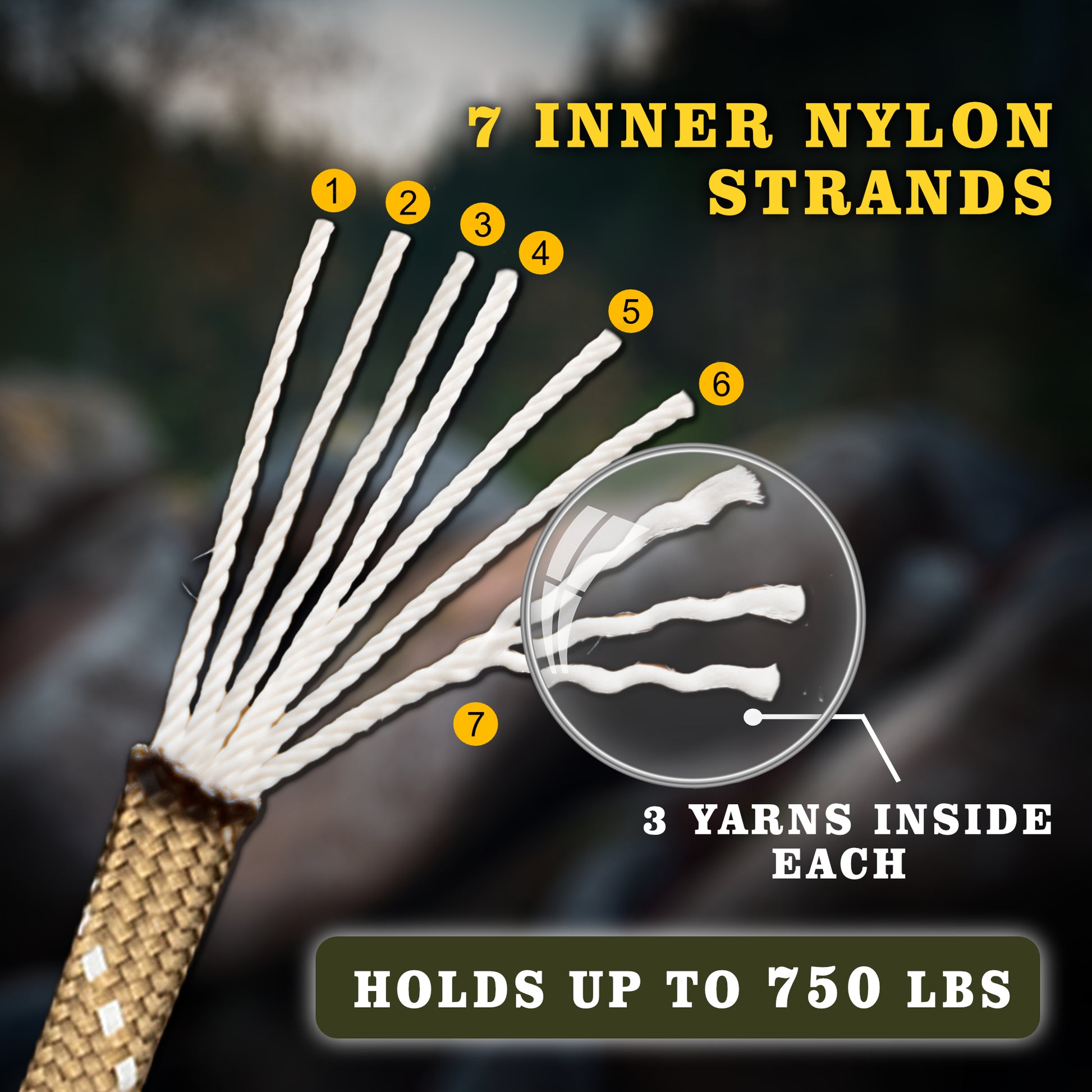 Close-up of Bear Essentials Paracord's 7 inner nylon strands with 3 yarns each, supporting up to 750lbs for rugged outdoor applications.