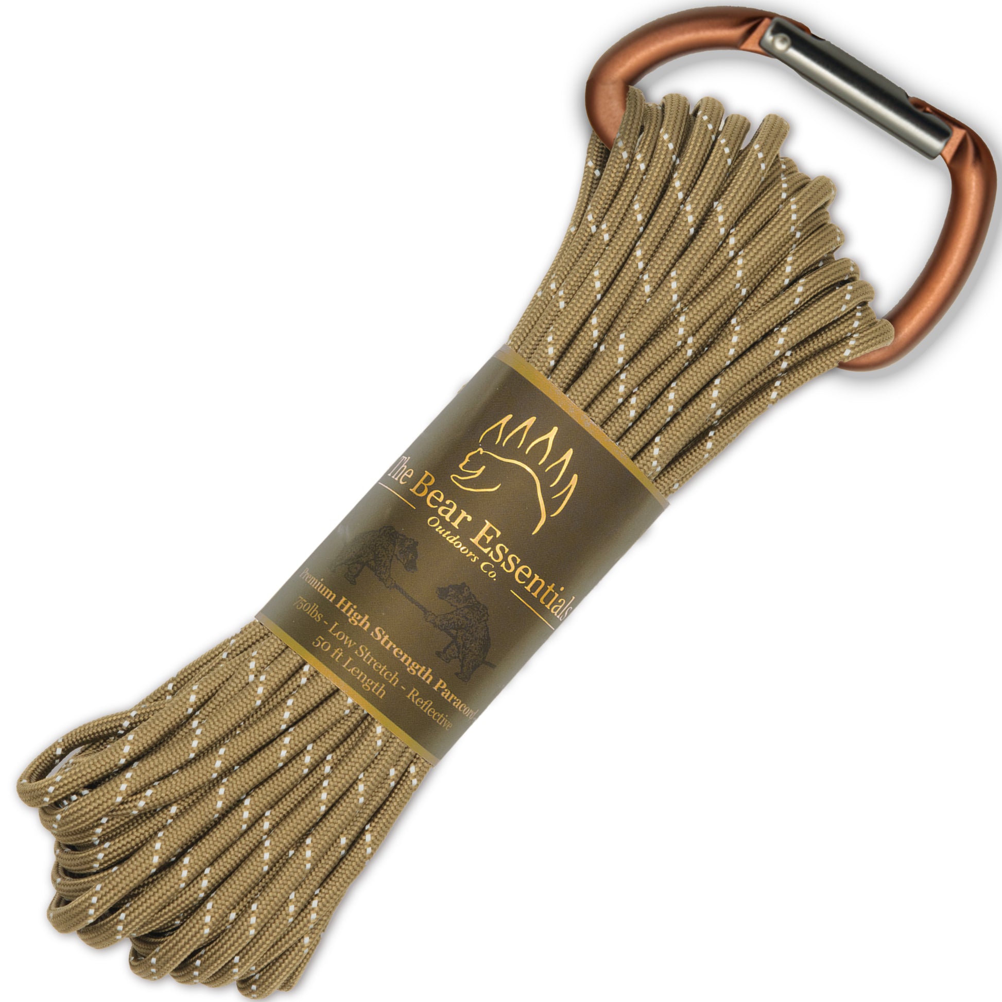 Coiled camo Bear Essentials Bushcraft Paracord with copper carabiner, rated for 750lbs, perfect for outdoor survival and ridgeline setups.