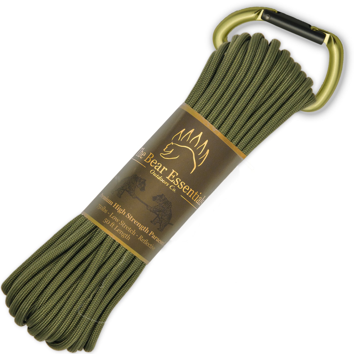 Olive Bear Essentials Premium Paracord with gold carabiner, 750lbs strength, water-resistant and low-stretch for bushcraft use.