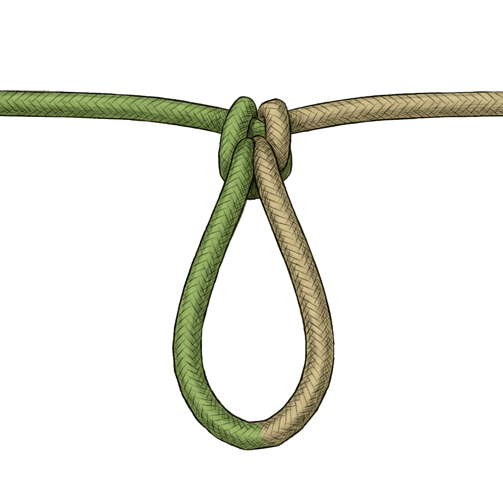 Illustration of the completed Alpine Butterfly Loop tied mid-line in two-tone rope, showing a single fixed loop hanging below the compact locking knot.