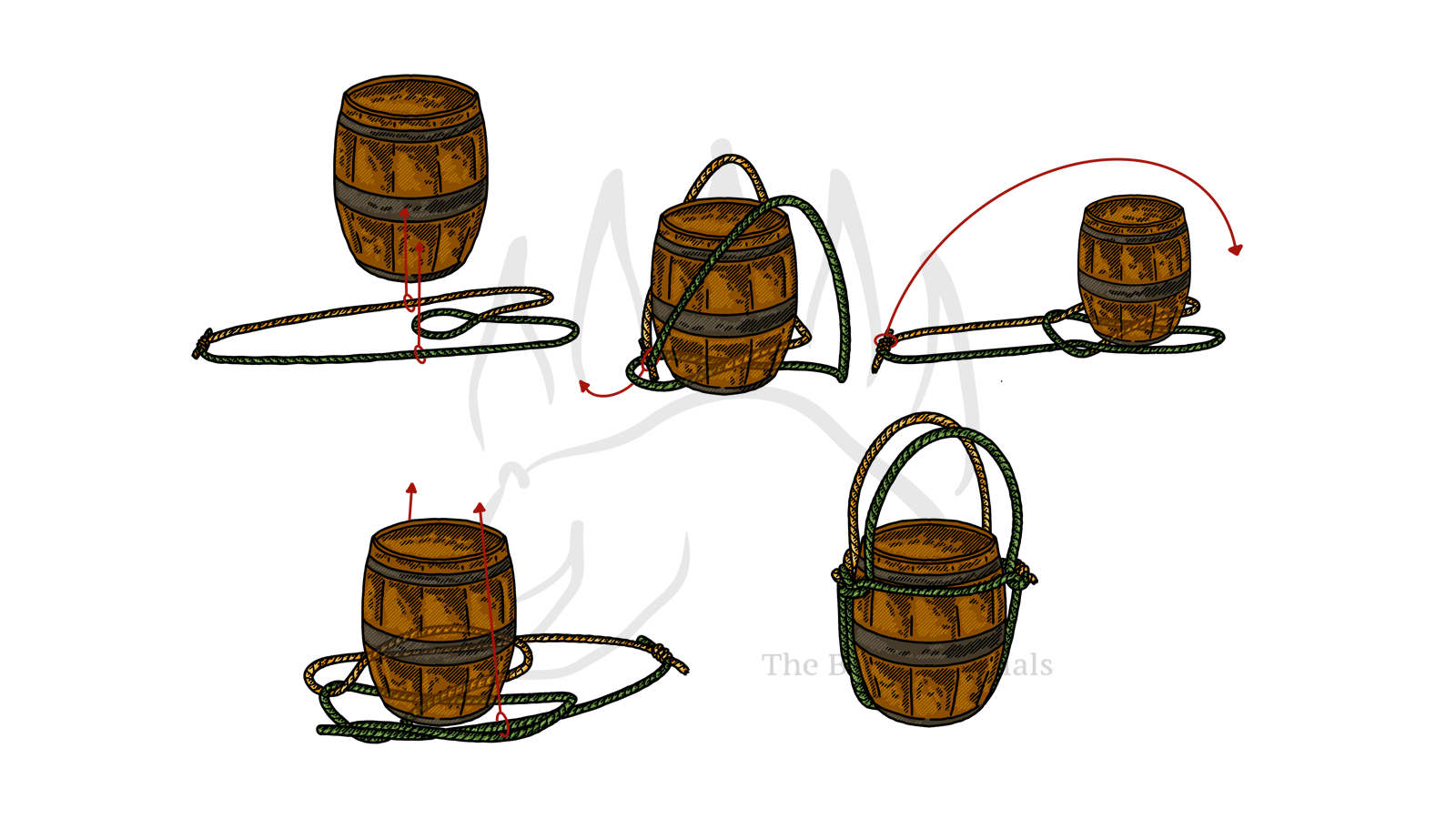 Step-by-step diagram showing how to tie the Barrel Hitch (4 Legged), with red arrows marking each stage.