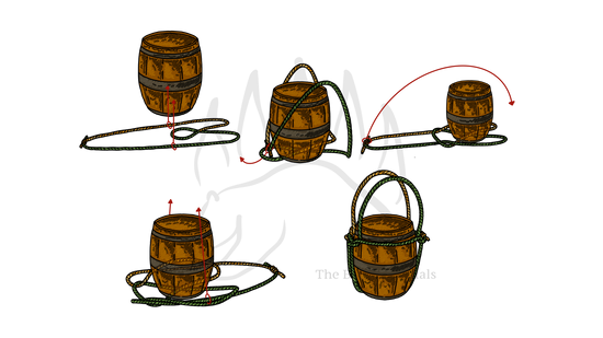 Step-by-step diagram showing how to tie the Barrel Hitch (4 Legged), with red arrows marking each stage.