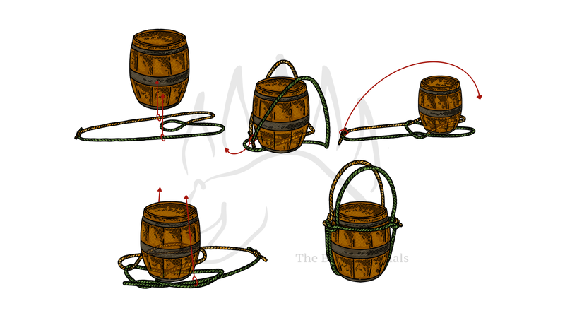 Step-by-step diagram showing how to tie the Barrel Hitch (4 Legged), with red arrows marking each stage.