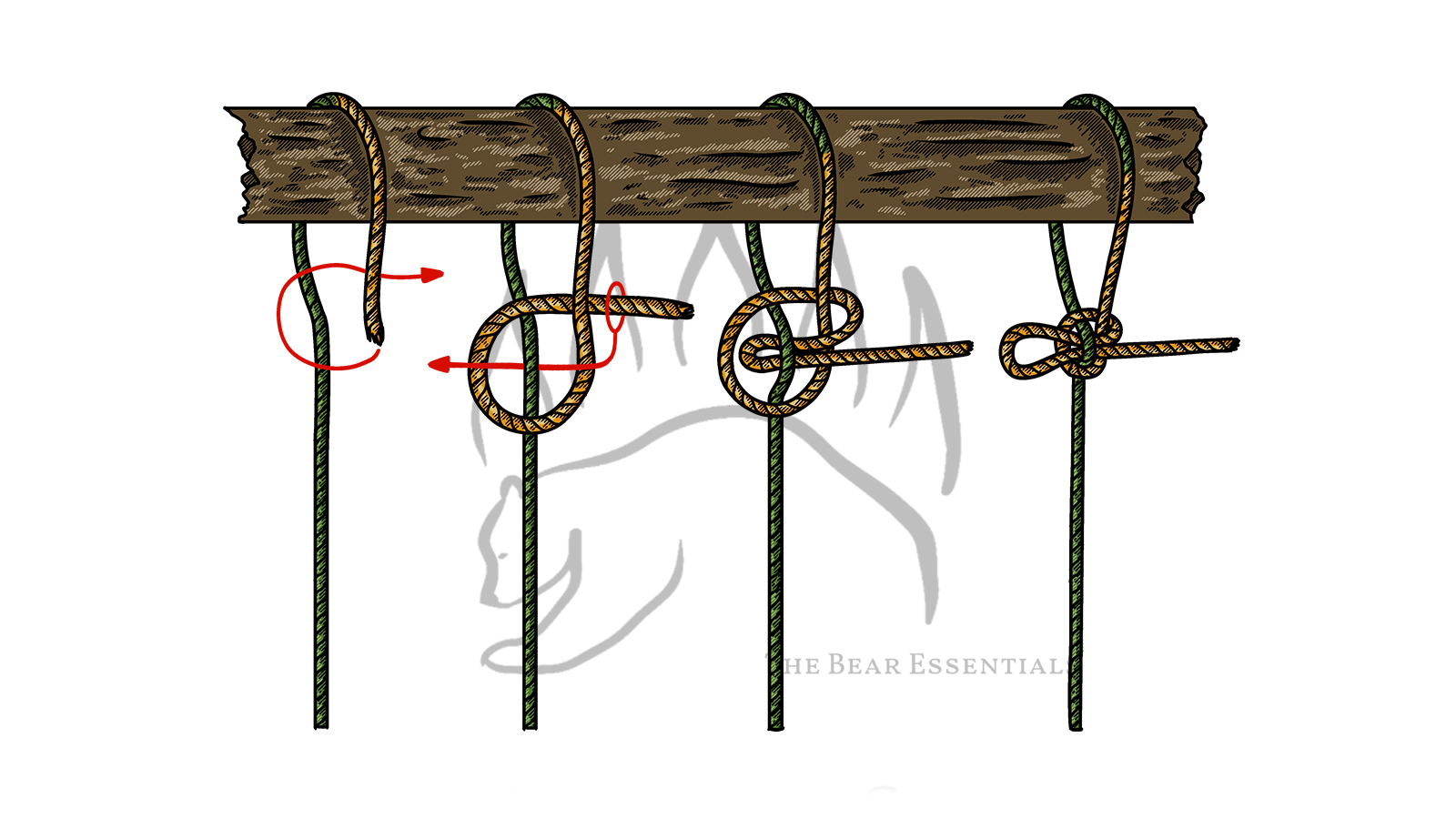 Step-by-step diagram showing how to tie the Mooring Hitch, with red arrows marking each stage.