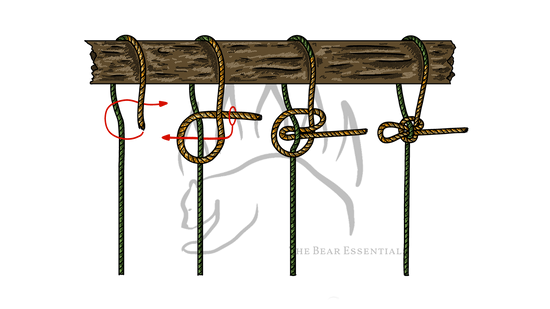 Step-by-step diagram showing how to tie the Mooring Hitch, with red arrows marking each stage.