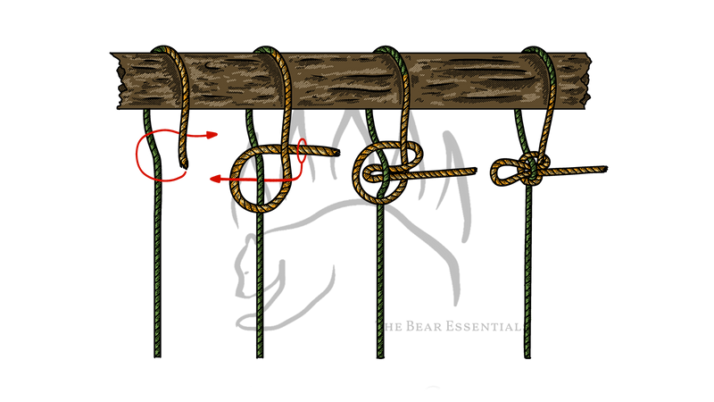 Step-by-step diagram showing how to tie the Mooring Hitch, with red arrows marking each stage.