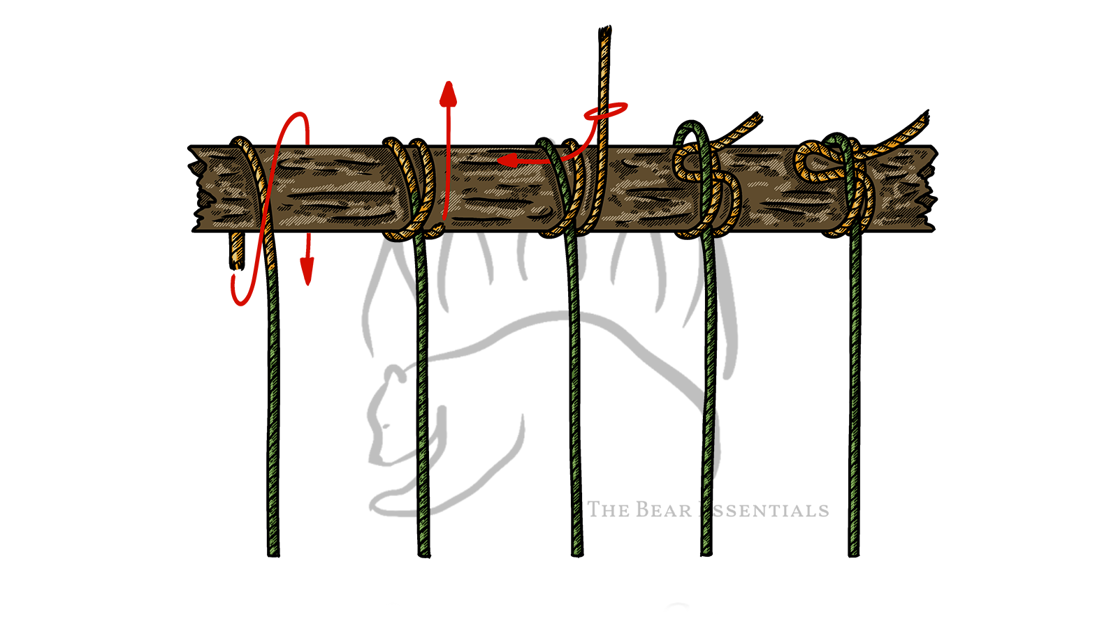 Step-by-step diagram showing how to tie the Snug Hitch, with red arrows marking each stage.