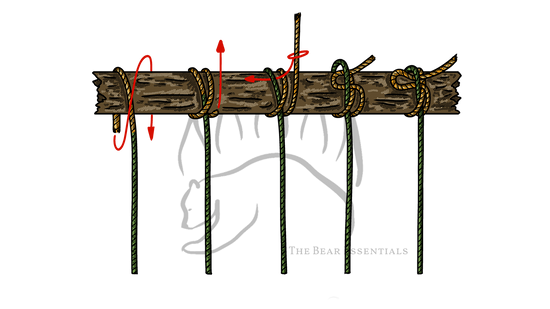 Step-by-step diagram showing how to tie the Snug Hitch, with red arrows marking each stage.