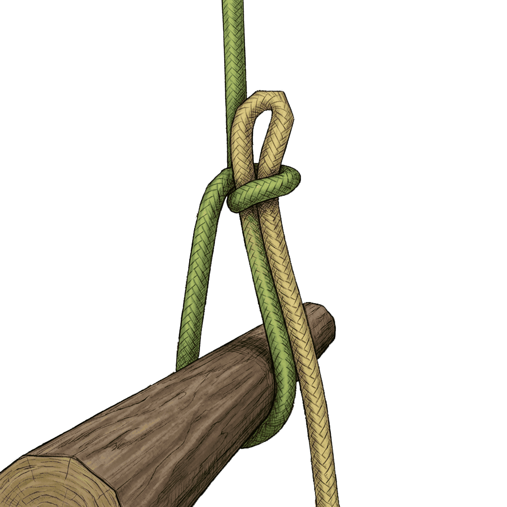 Illustration of the completed Bellringer's Knot tied to a vertical pole, showing riding turns locked by a hitch with the tag end exiting to the side.