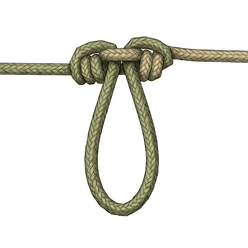 Illustration of the completed Blood Dropper Loop tied mid-line, showing a loop standing perpendicular from the line locked by wrapping turns on both sides.