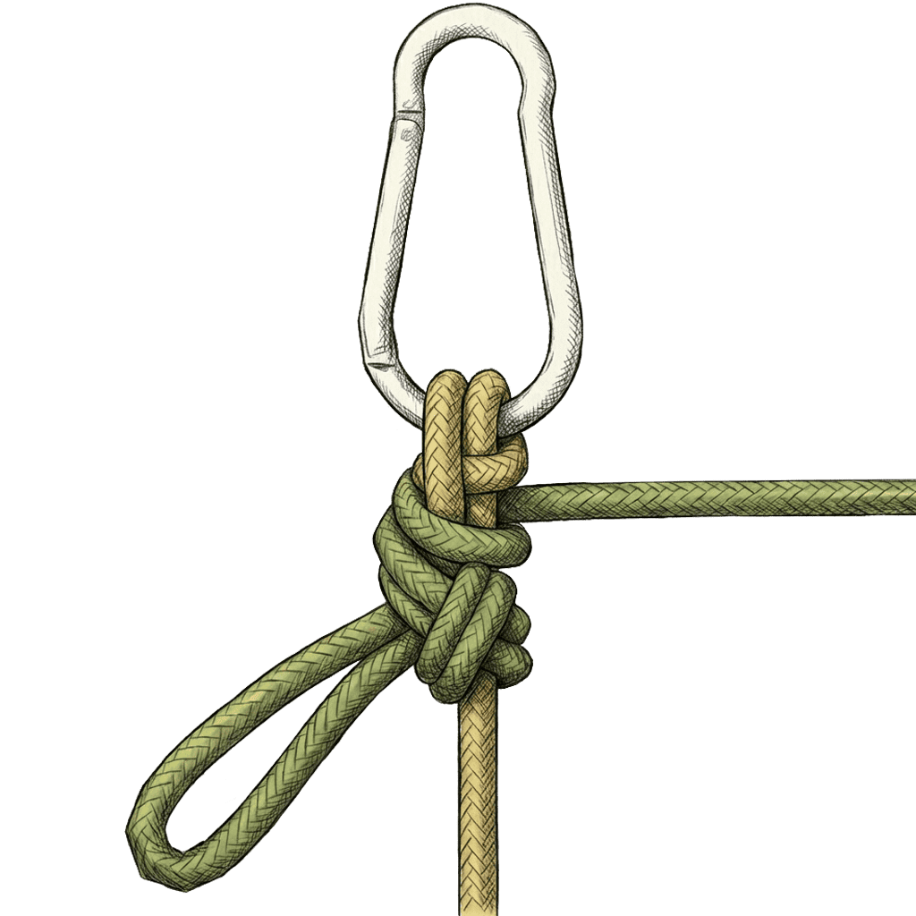 Illustration of the completed Munter Mule, tied on a carabiner, with the mule tie-off cinched below the hitch, a slipped loop pointing down, and the standing line running off to the side.