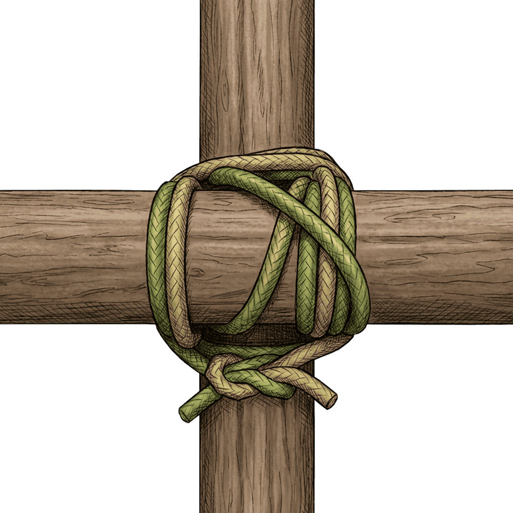 Illustration of the completed Japanese Square Lashing binding two crossed wooden poles, with green and tan wrapping turns circling the joint and the ends finished in a knot below.