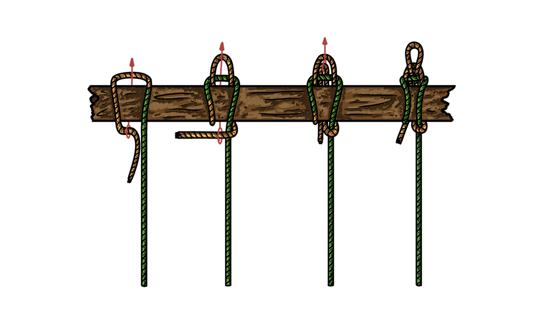 Step-by-step diagram showing how to tie the Tumble Hitch, with red arrows marking each stage.