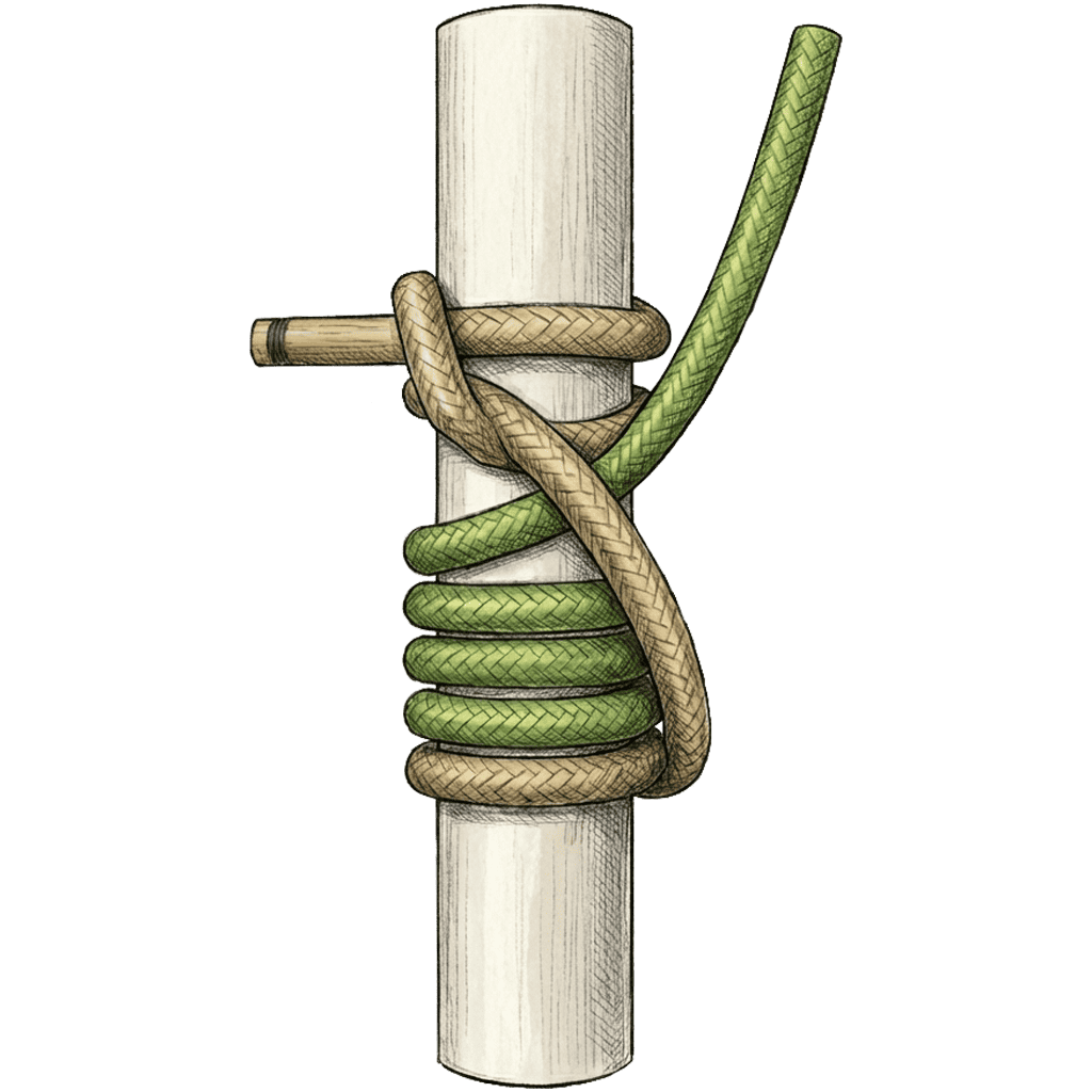 Illustration of the completed Pipe Hitch, a series of stacked coils wrapped around a vertical pipe, with the two ends crossing the coils diagonally and tied off around a short wooden toggle at the top.