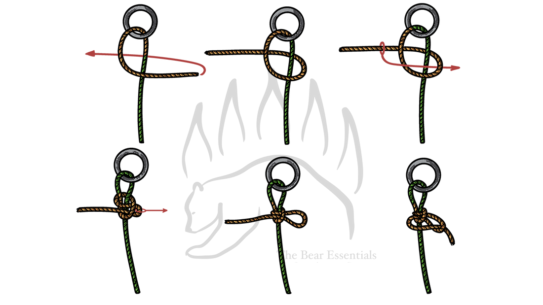 Step-by-step diagram showing how to tie the Halter Hitch, with red arrows marking each stage.