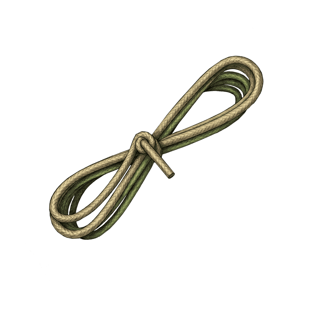 Illustration of the completed Butterfly Hank (With Button), showing the cord wound into a figure-eight coil and cinched at the center with a toggle passed through the wraps.