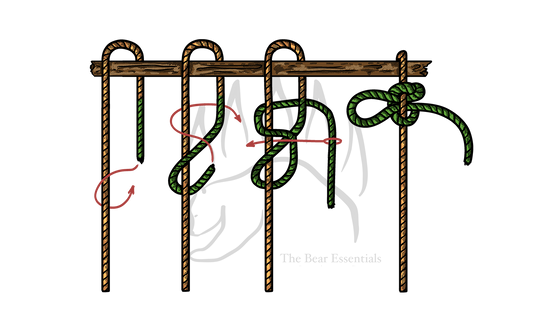 Step-by-step diagram showing how to tie the High Point Hitch, with red arrows marking each stage.