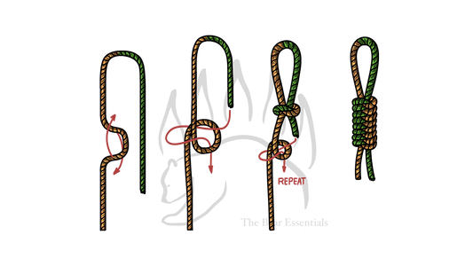 Step-by-step diagram showing how to tie the Snake Knot, with red arrows marking each stage.