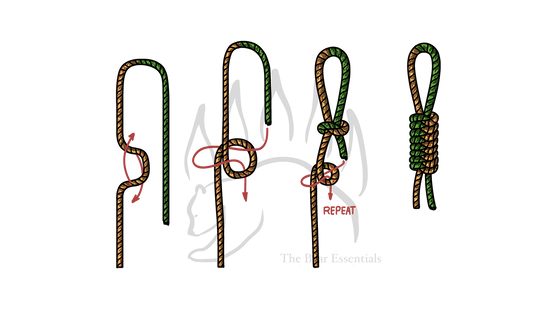 Step-by-step diagram showing how to tie the Snake Knot, with red arrows marking each stage.