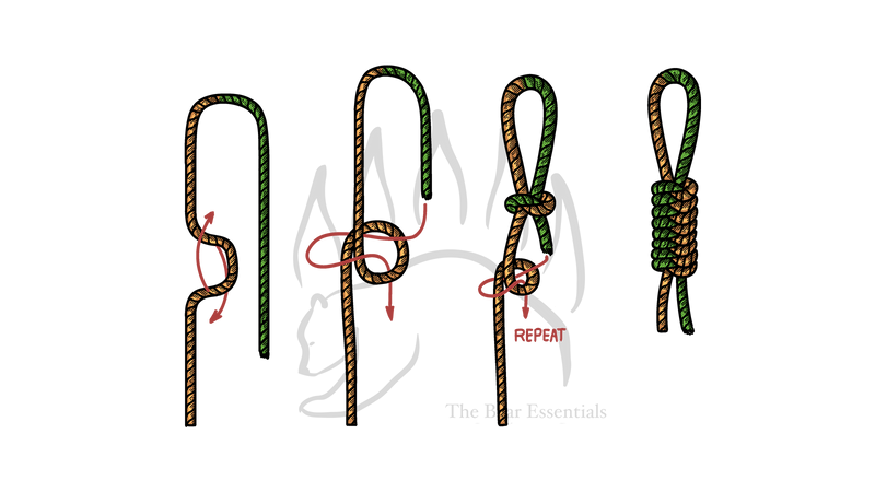 Step-by-step diagram showing how to tie the Snake Knot, with red arrows marking each stage.
