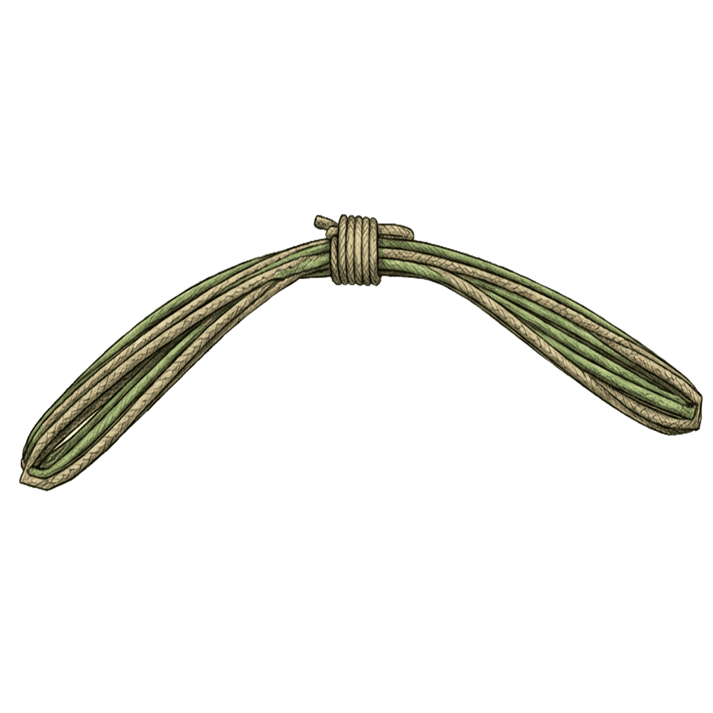 Illustration of the completed Alpine Coil, showing the bundled rope loops bound together at the center by wrapping turns with a tucked hitch forming a carry loop.