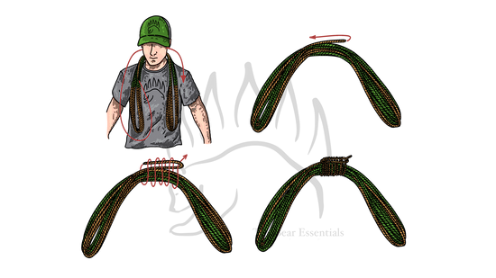 Step-by-step diagram showing how to tie the Alpine Coil, with red arrows marking each stage.