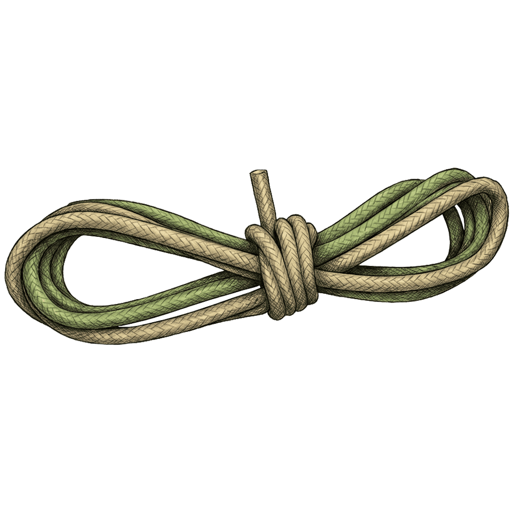 Illustration of the completed Paracord Wrap (Short Hank), a figure-eight shaped bundle of coiled cord bound at the center by tight wraps with a short end sticking up.