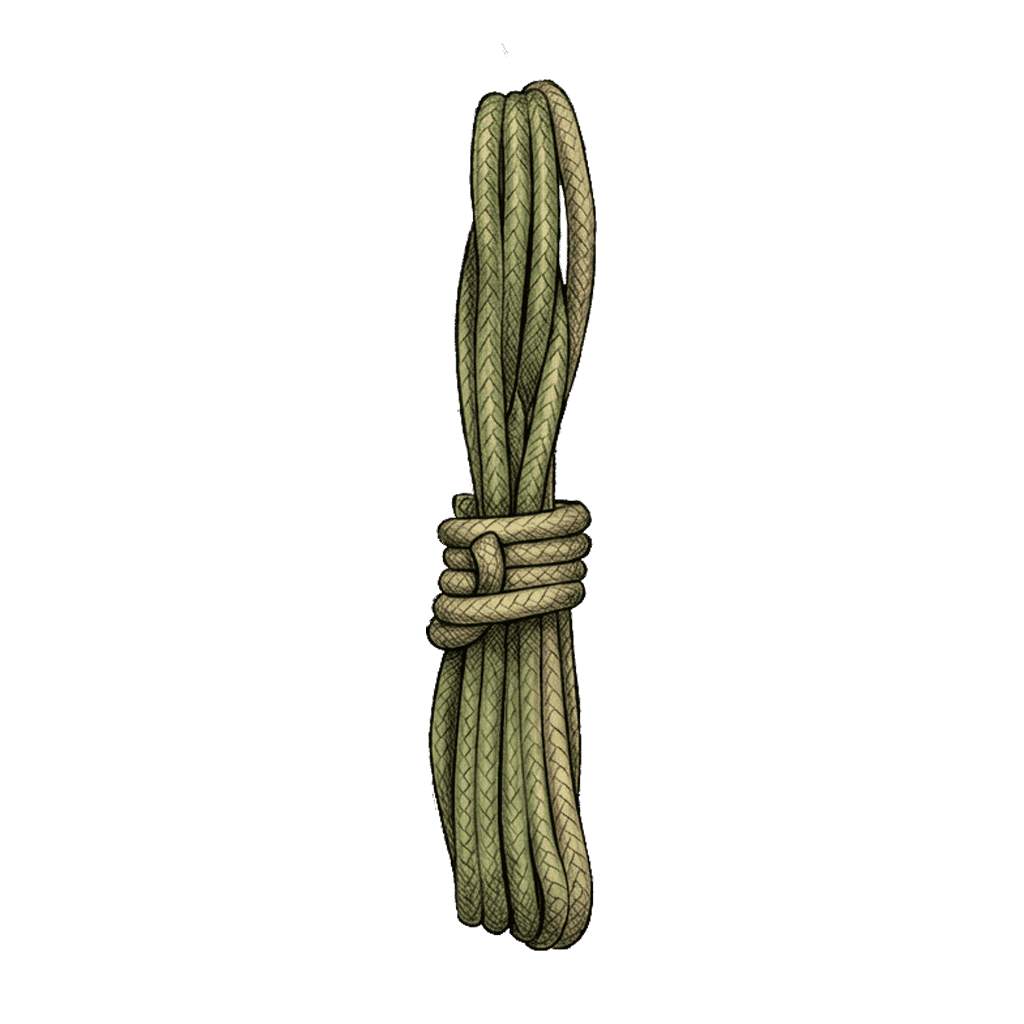 Illustration of the completed Paracord Wrap (Long Hank), a long vertical bundle of coiled cord cinched at its middle by a band of tight wraps.