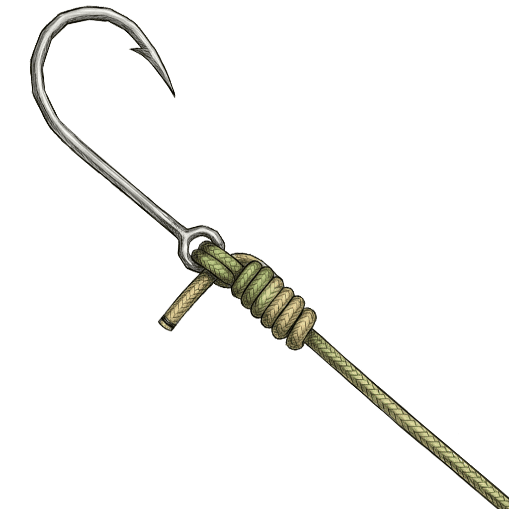 Illustration of the completed Trilene Knot, showing the double eye-pass and wraps cinched tight on monofilament line.