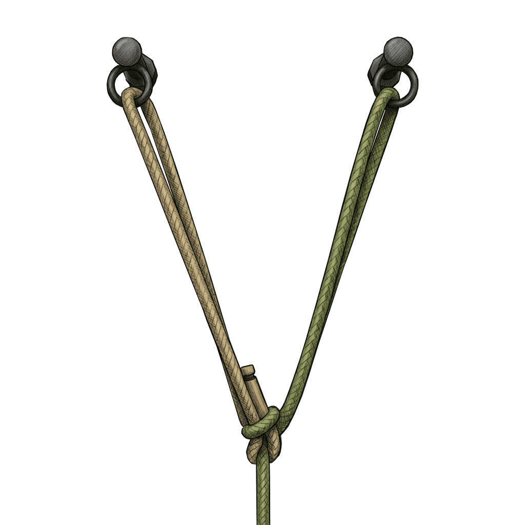 Portuguese Bowline (Snap Method) tied between two anchor points, showing two adjustable loops sharing one collar - The Bear Essentials Outdoors.