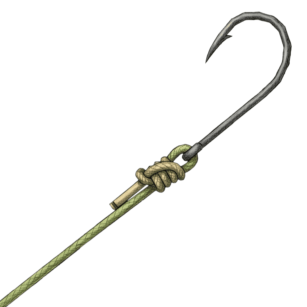 Illustration of the completed Pitzen Knot (16-20 Knot), shown as a finished knot at the hook eye.