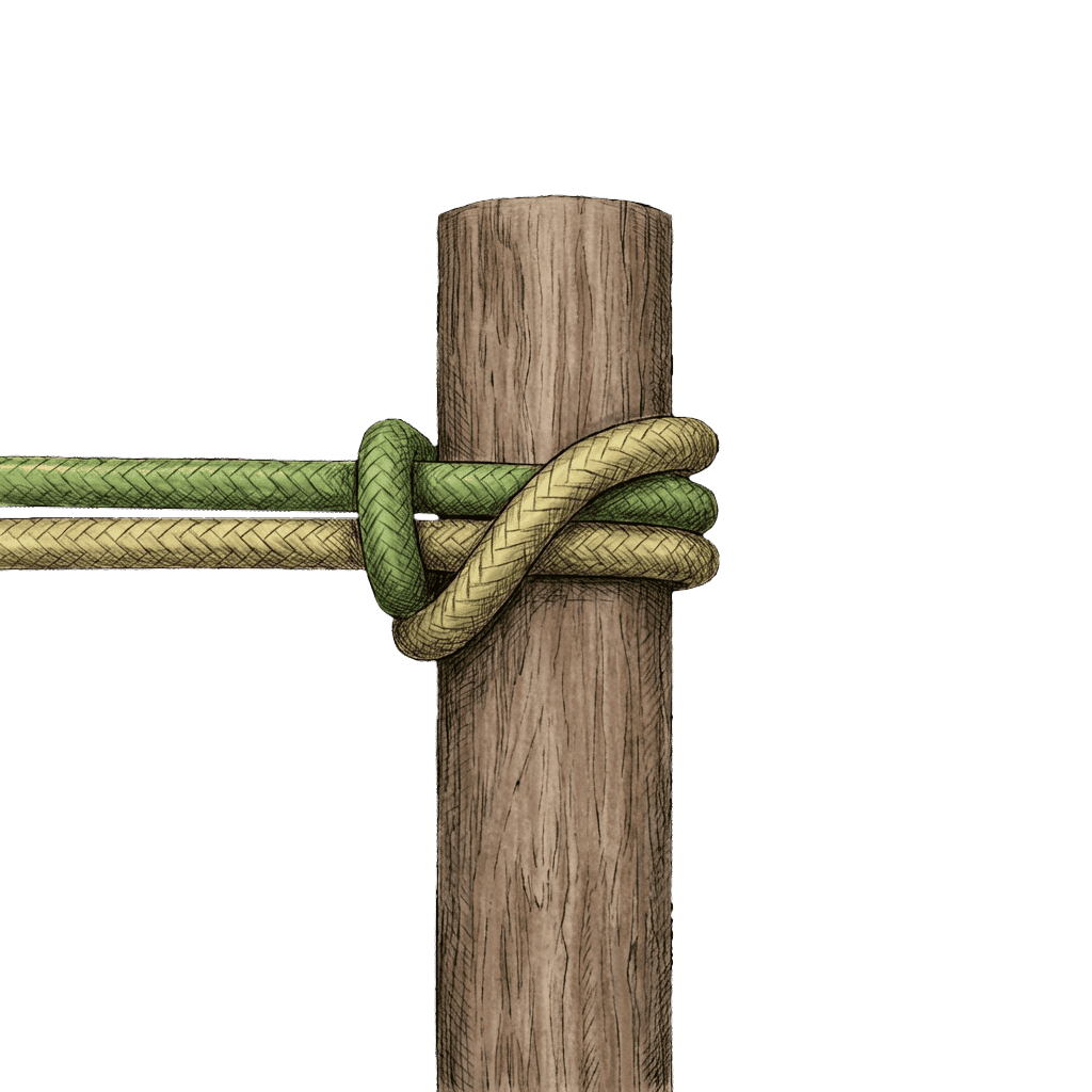 Illustration of the completed Pile Hitch, a bight of rope dropped over the free top end of a post.