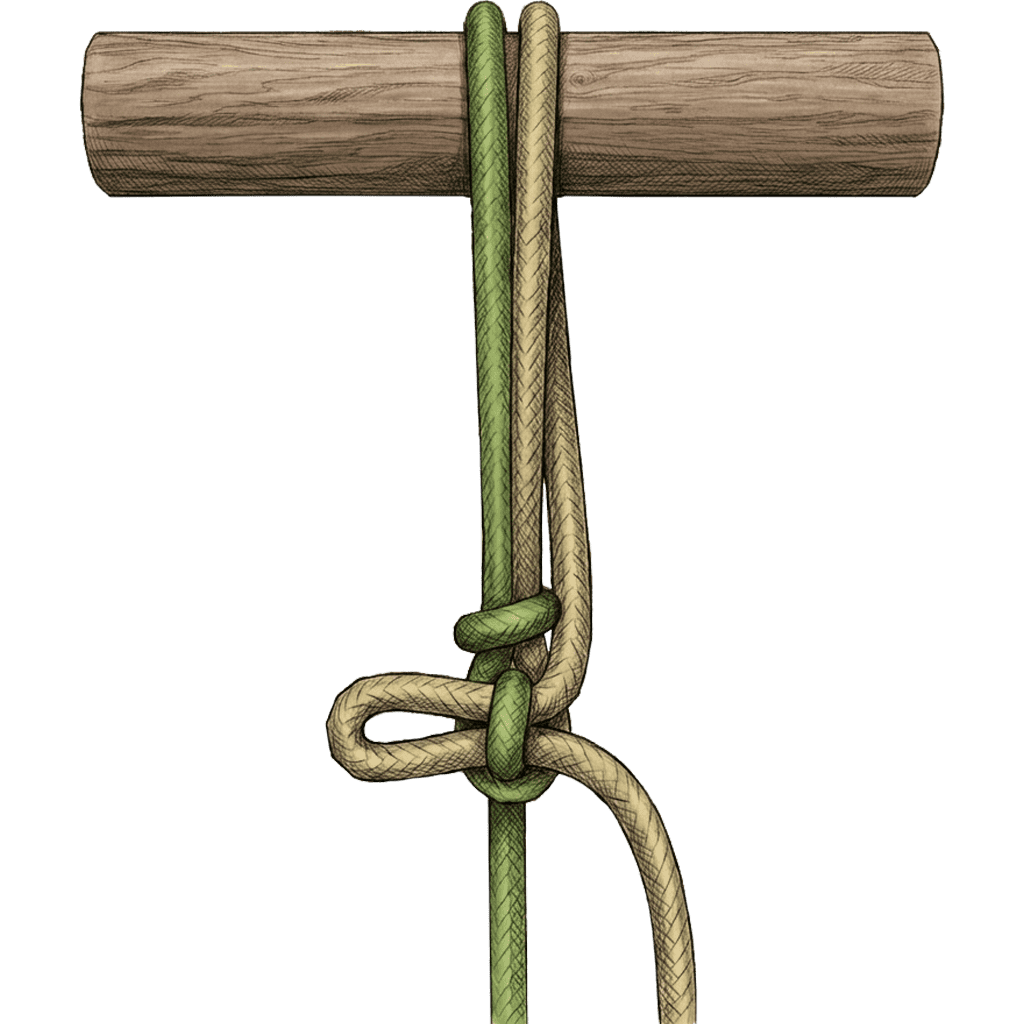 Illustration of the completed Long Release Hitch, tied around a wooden spar with a long tag end left hanging for releasing the knot from a distance.