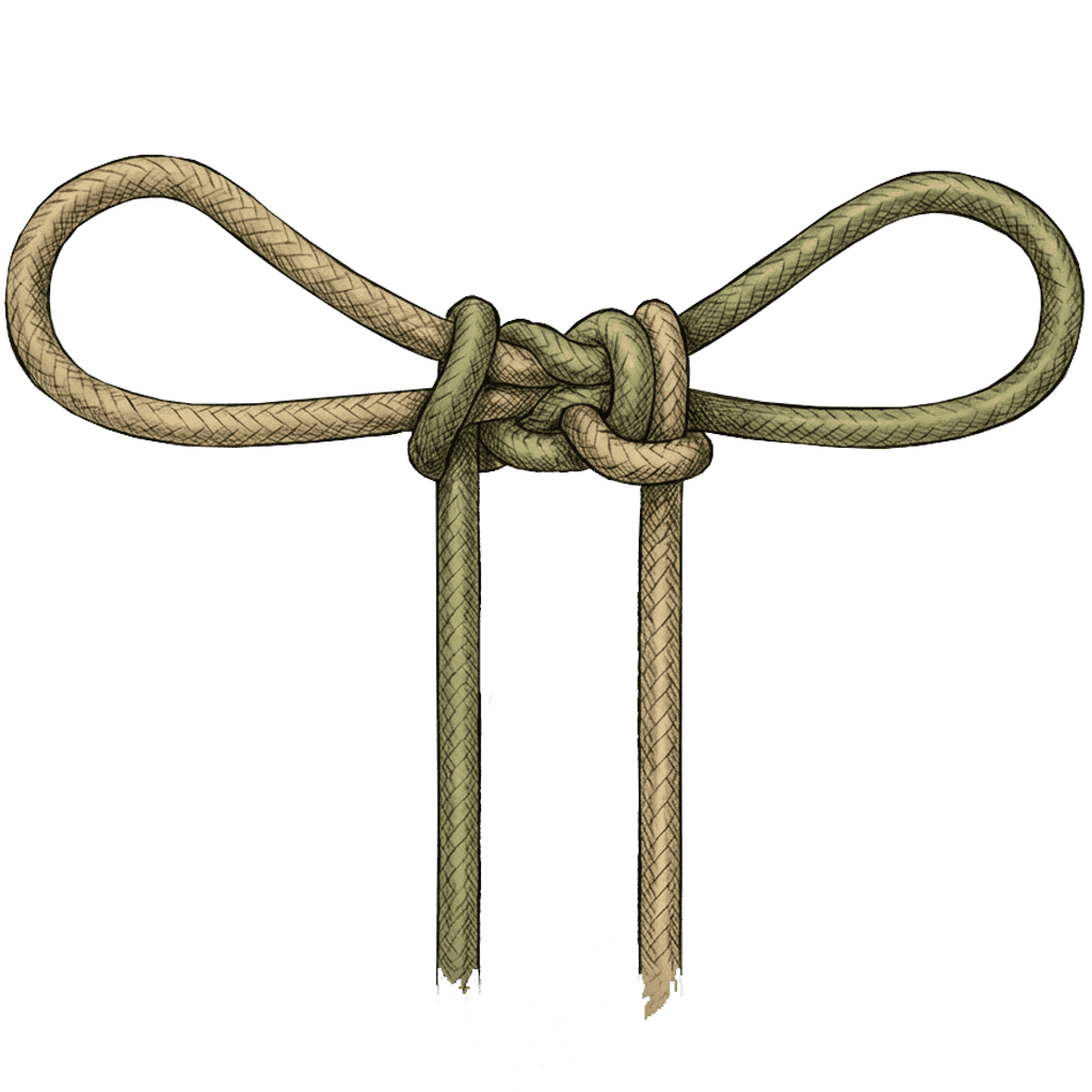 Illustration of the completed Fireman's Chair Knot, formed from green and tan rope, with two large adjustable loops spreading from a central interlocked knot and both ends hanging below.
