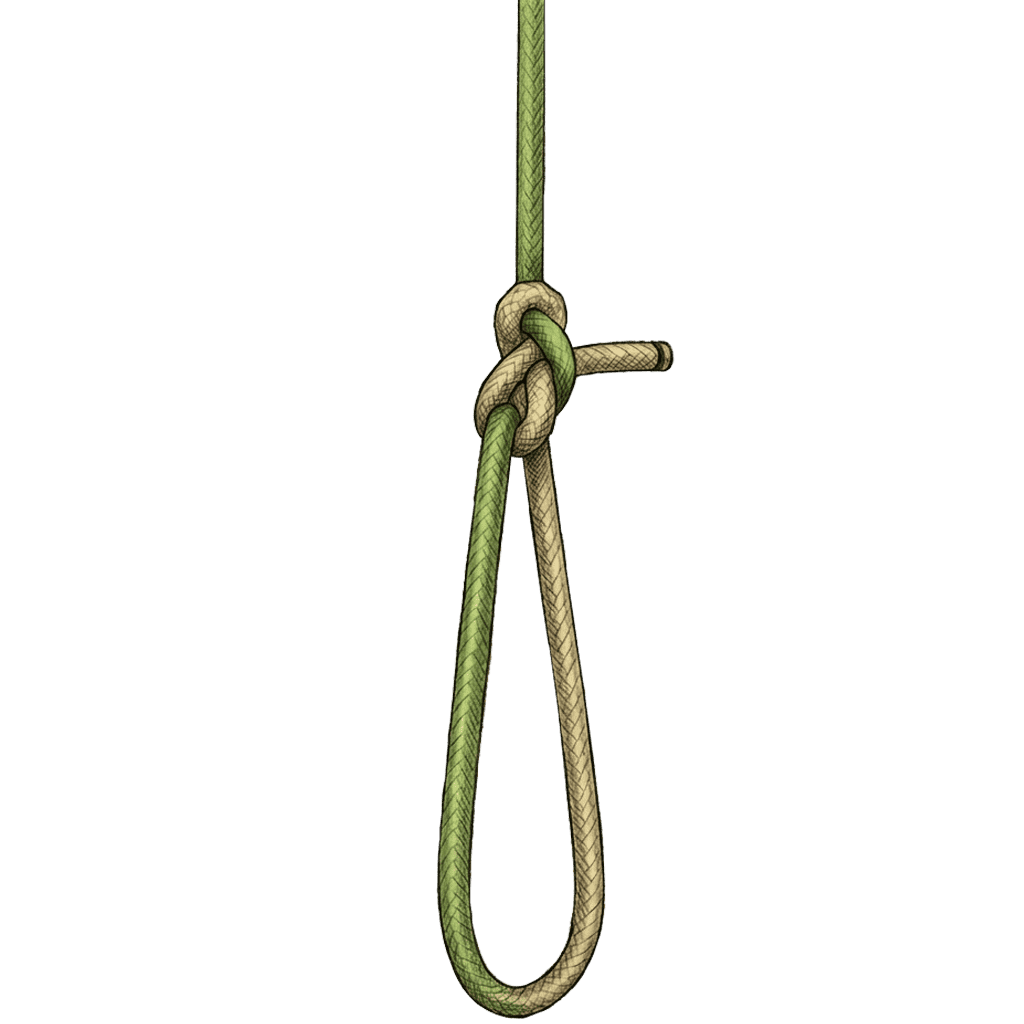 Illustration of the completed Capstan Knot, showing the long hanging loop below the knot with the tag end standing out to one side.