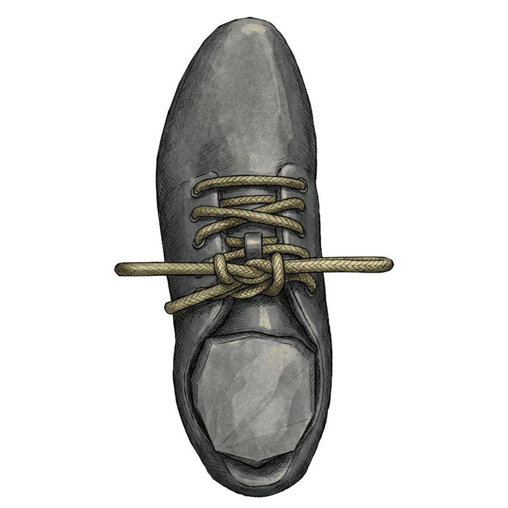 Illustration of the completed Double Slip Knot (shoelace), a symmetric double-wrapped bow tied in a shoelace.
