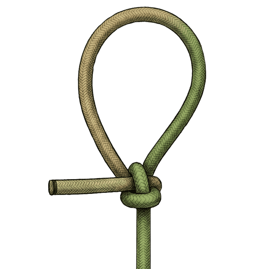 Illustration of the completed Cossack Knot, showing the collar wrapping the outgoing eye leg.