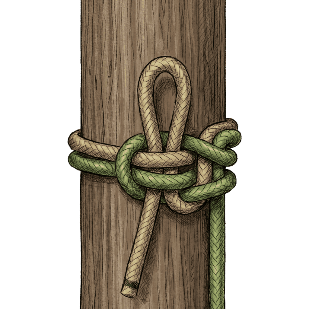 Illustration of the completed Exploding High Point Hitch tied around a wooden post, showing the slipped draw-loop that releases the knot with one pull.